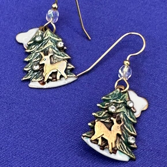 Christmas Earrings Green & White Enamel, Gold-Tone Reindeer w/Crystal Accents - Picture 4 of 10